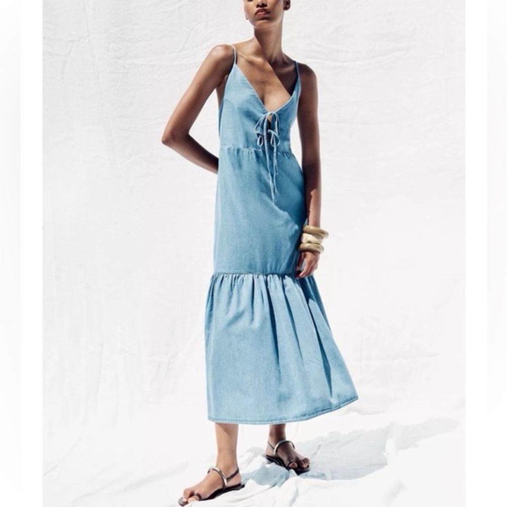 Zara light Blue denim Midi Dress Large